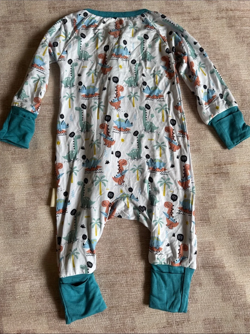 Little Peanut Baby One-Piece Zip Up Pajamas with Teal Trim and Dinosaur Print